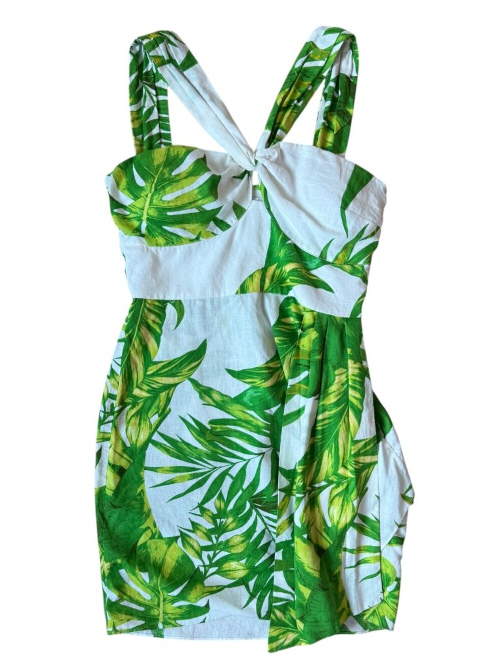 Olivaceous Tropical‎ Mini Dress M Palm Leaf Knot Front White Green NWT - Picture 2 of 14